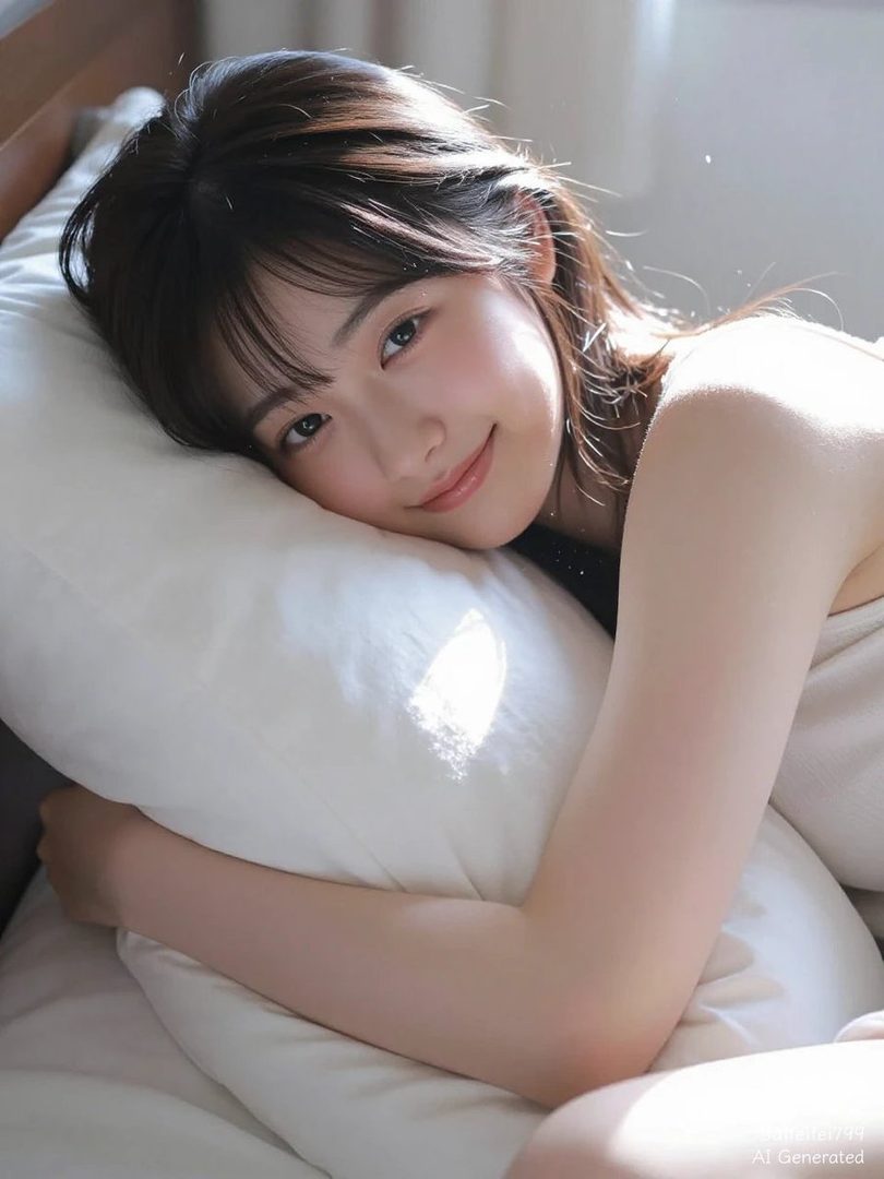 A beautiful East Asian woman with long brown hair and bangs smiles gently while lying on a white pillow in a sunlit bedroom.