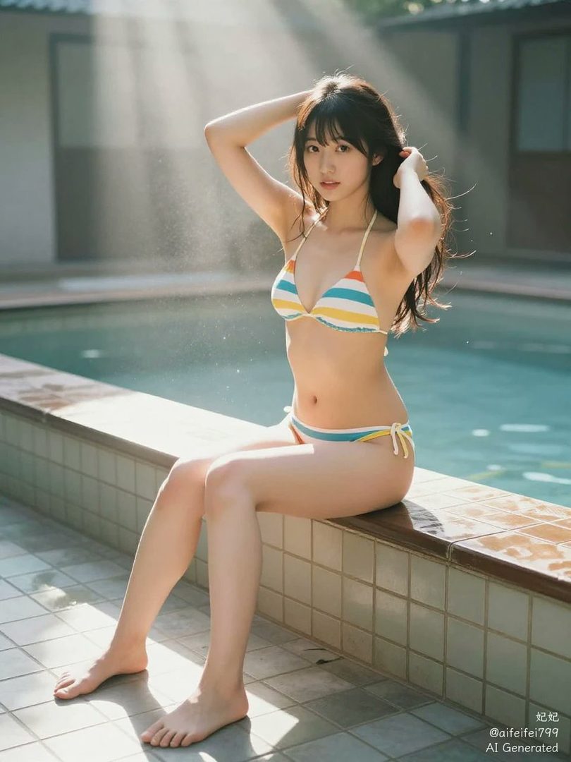 A young woman in a striped bikini sits by a pool, bathed in sunlight.