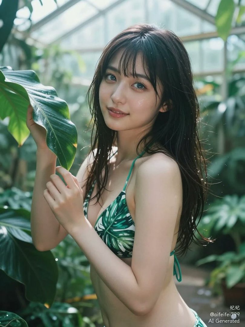 A young woman in a tropical print bikini poses in a lush greenhouse, holding a large green leaf.
