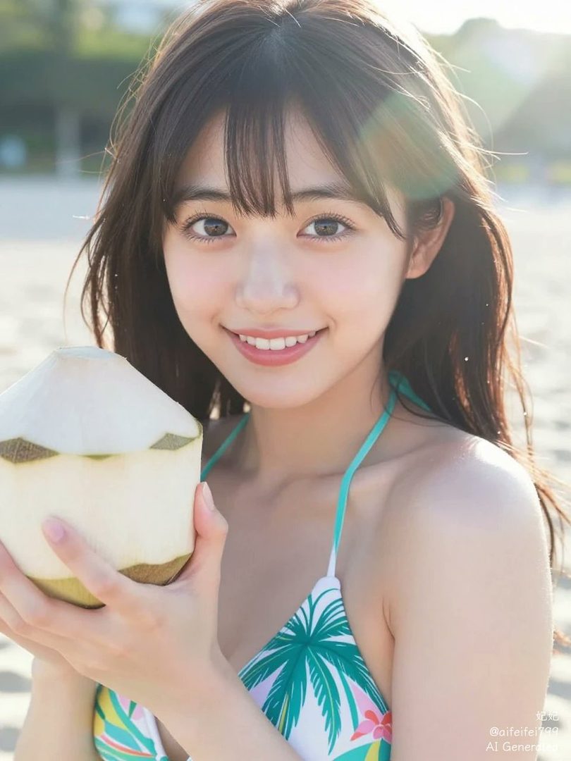 A young woman with long brown hair and bangs, wearing a bikini, smiles while holding a coconut on a sunny beach.