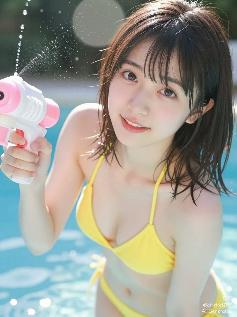 A young woman in a yellow bikini holds a water gun, splashing water in a swimming pool.