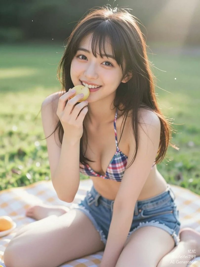 A smiling East Asian woman in a plaid bikini top and denim shorts sits on a picnic blanket outdoors, holding a small fruit.