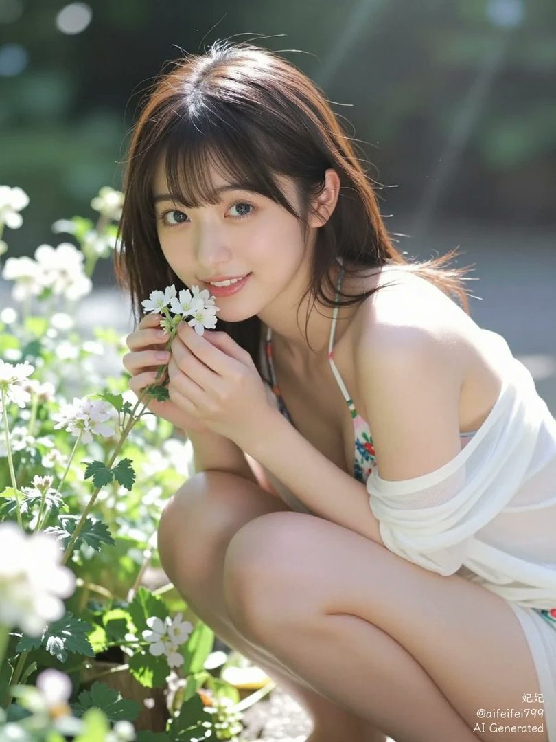A young East Asian woman in swimwear and a sheer white cover-up crouches outdoors, holding white flowers and smiling at the camera.
