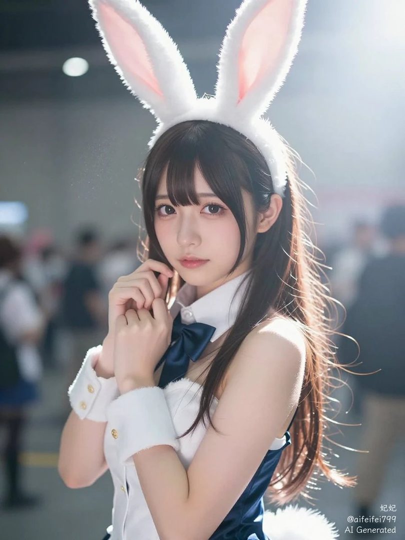 A young woman with long brown hair and bangs, wearing a white blouse with a blue bow and bunny ears, poses for a portrait.