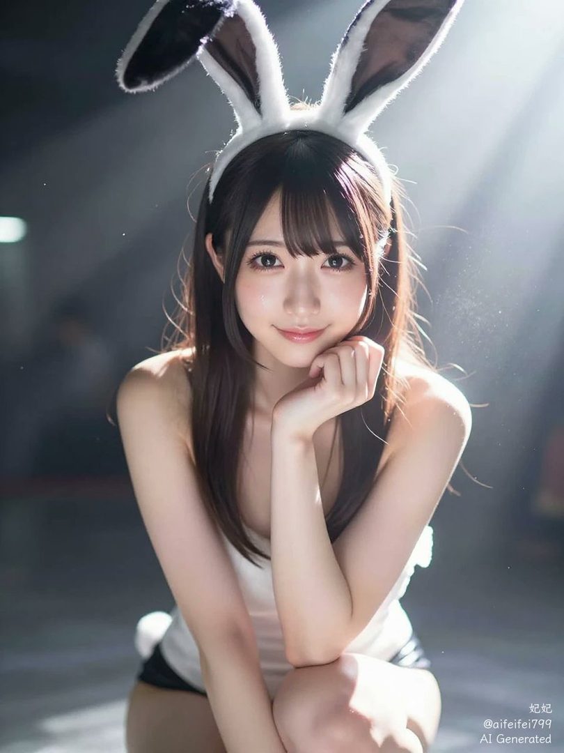A young woman with long dark hair and bunny ears, wearing a white tank top and black shorts, poses suggestively indoors.