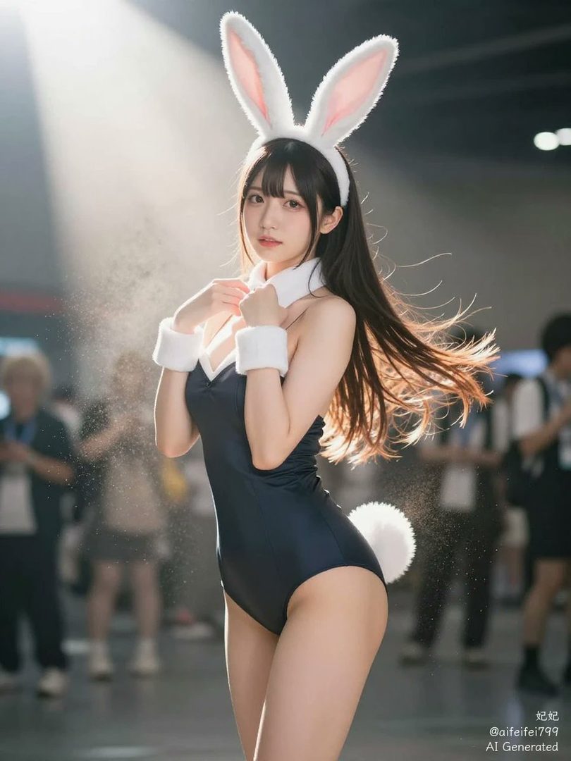 A young woman in a dark blue bunny-girl swimsuit poses with fluffy bunny ears and a tail, her long brown hair flowing.