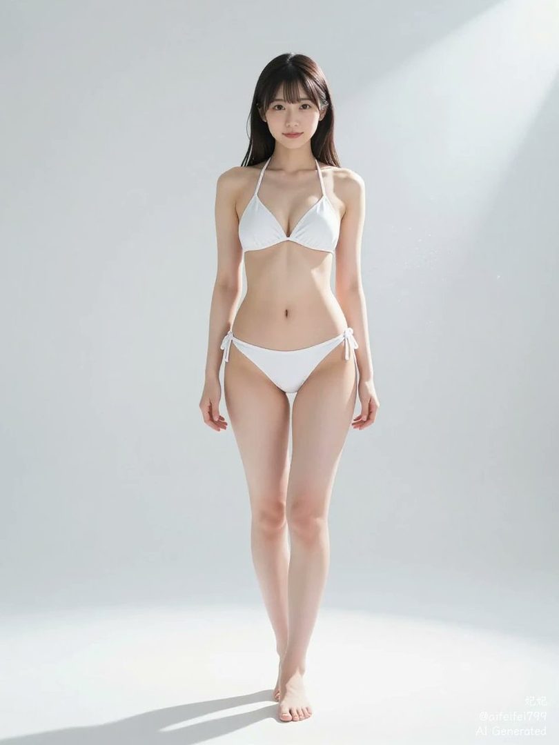 A young woman with long black hair wearing a white bikini stands in a studio with soft lighting.