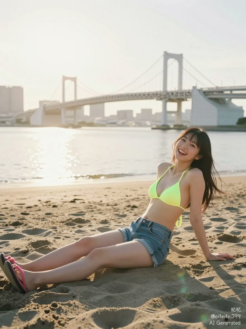 A smiling East Asian woman in a neon yellow bikini top and denim shorts sits on a sandy beach with a bridge and city skyline in the background during golden hour.