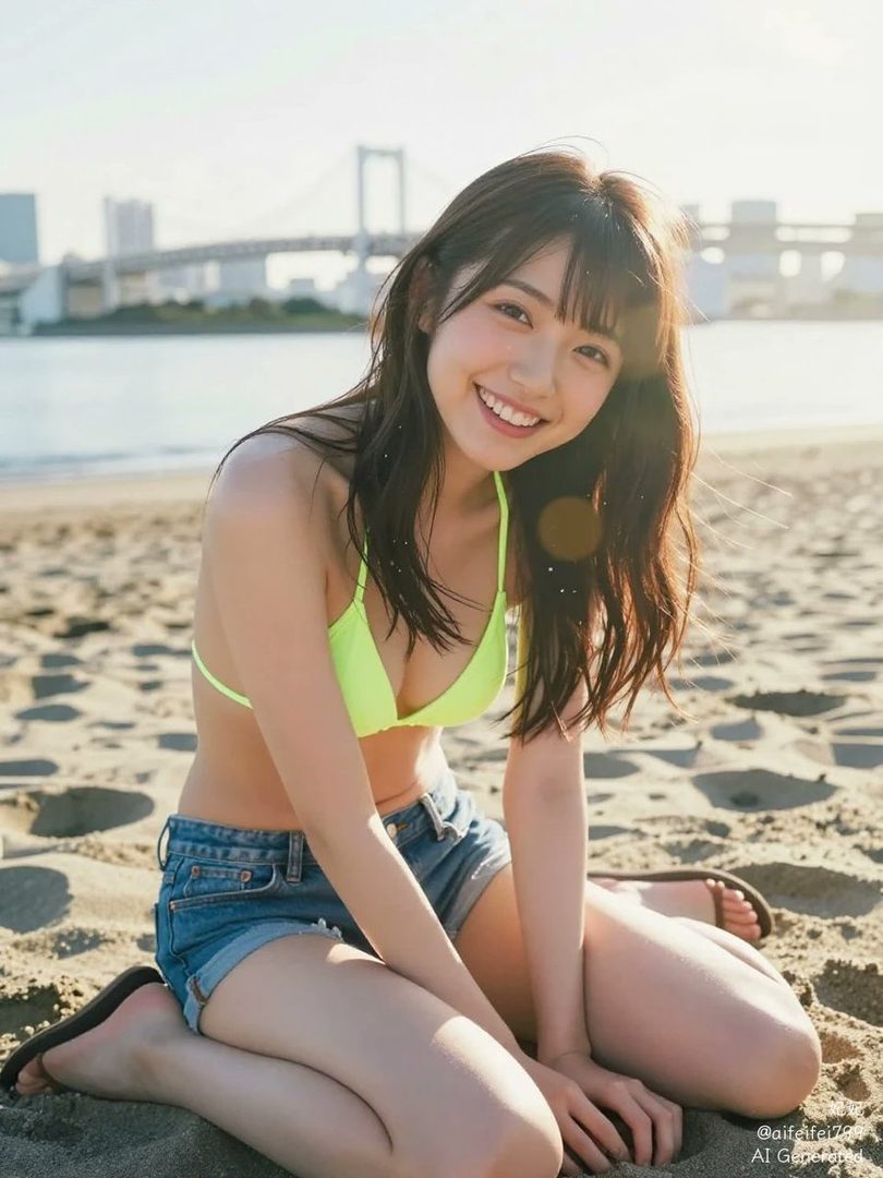 A young woman with long brown hair and bangs, wearing a neon green bikini top and denim shorts, smiles brightly while sitting on a sandy beach during golden hour.