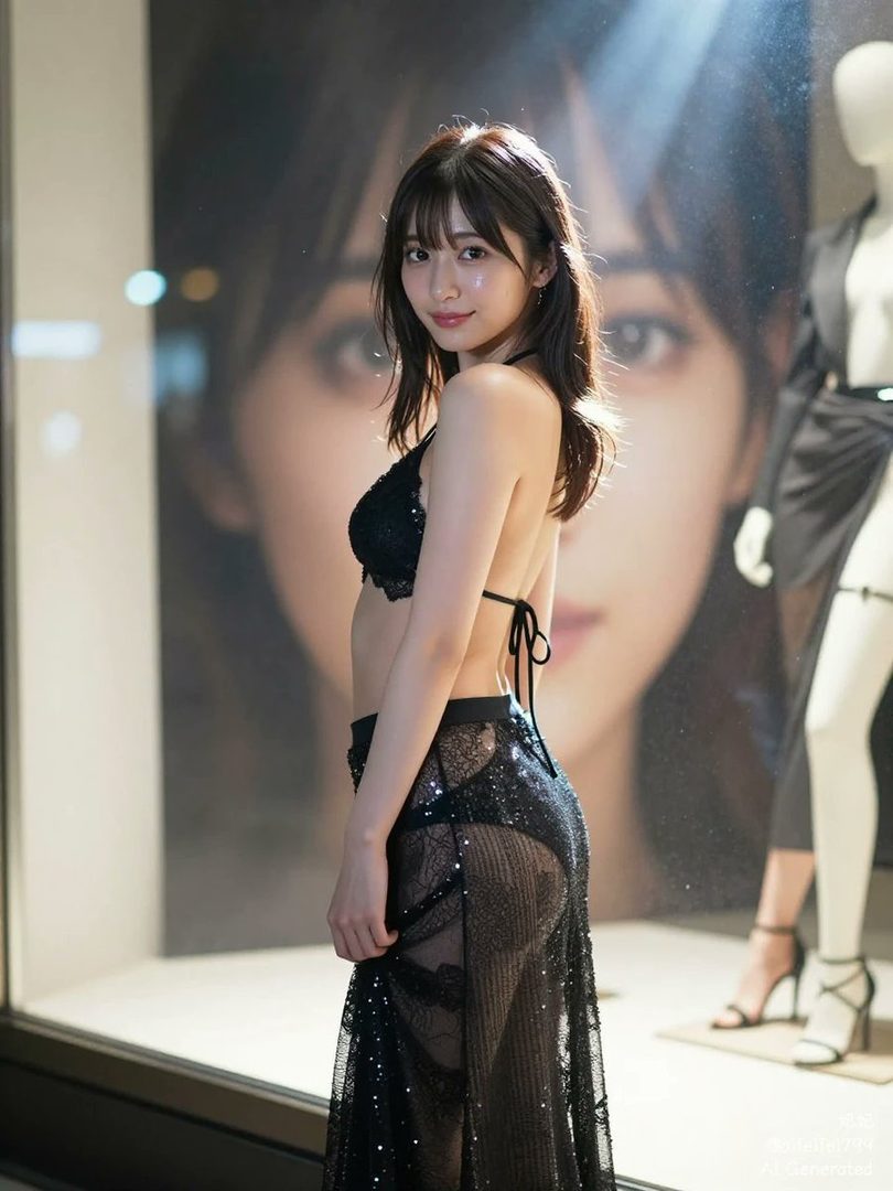 A beautiful East Asian woman with long brown hair poses in a black bikini and a sheer, sparkling skirt, looking confidently at the camera.