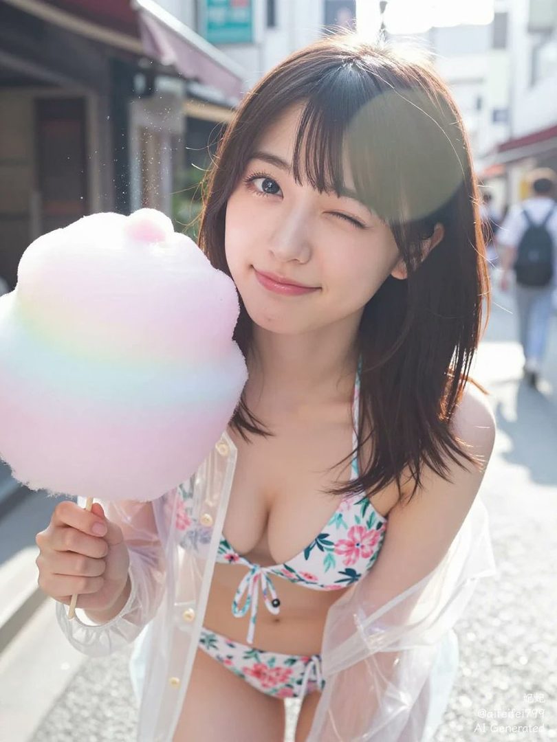 A young woman in a floral bikini and a sheer jacket winks while holding a large piece of cotton candy.
