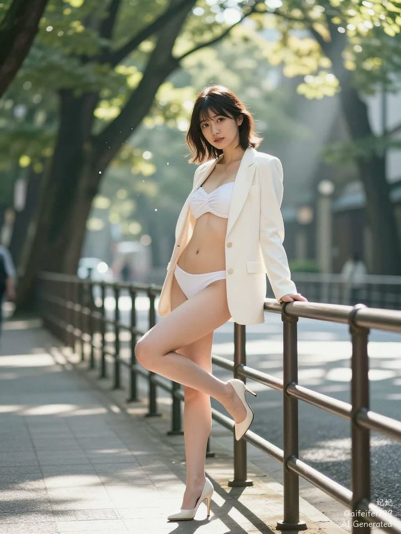 A young woman in a white bikini and blazer poses outdoors on a sunny day.