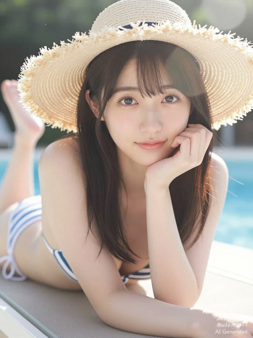 A young Japanese woman in a blue and white striped bikini and a straw hat lies on a lounge chair by the pool, looking at the camera with a gentle smile.