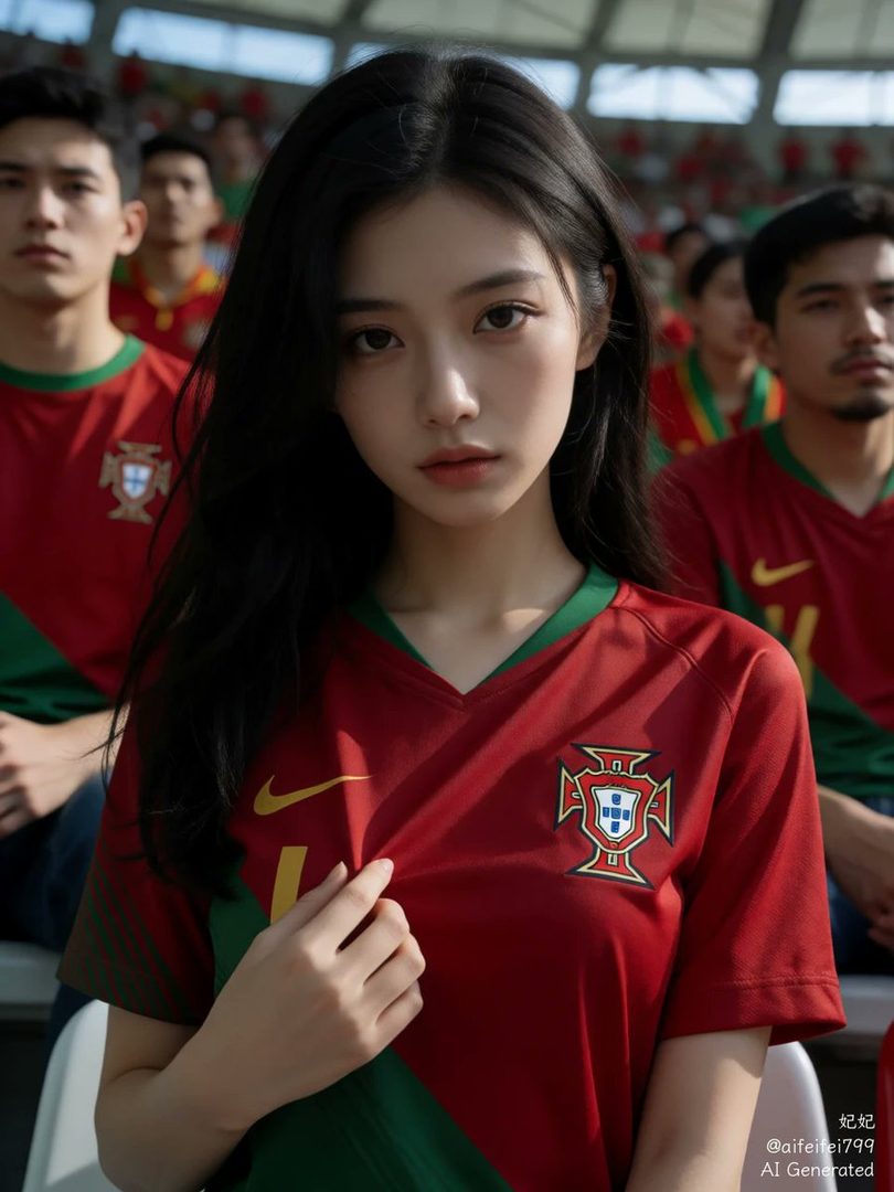 A young woman with long black hair wears a red and green Portugal soccer jersey in a stadium, looking directly at the camera.