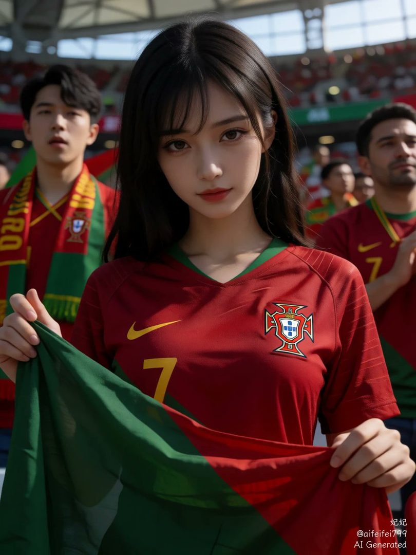 A young woman wearing a Portuguese football jersey holds a flag at a stadium, with other fans in the background.