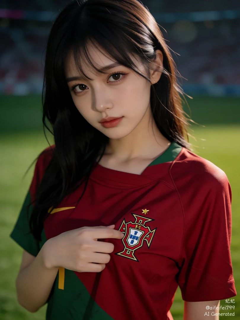 A young woman with long dark hair and bangs, wearing a red and green Portugal soccer jersey, stands on a sports field.