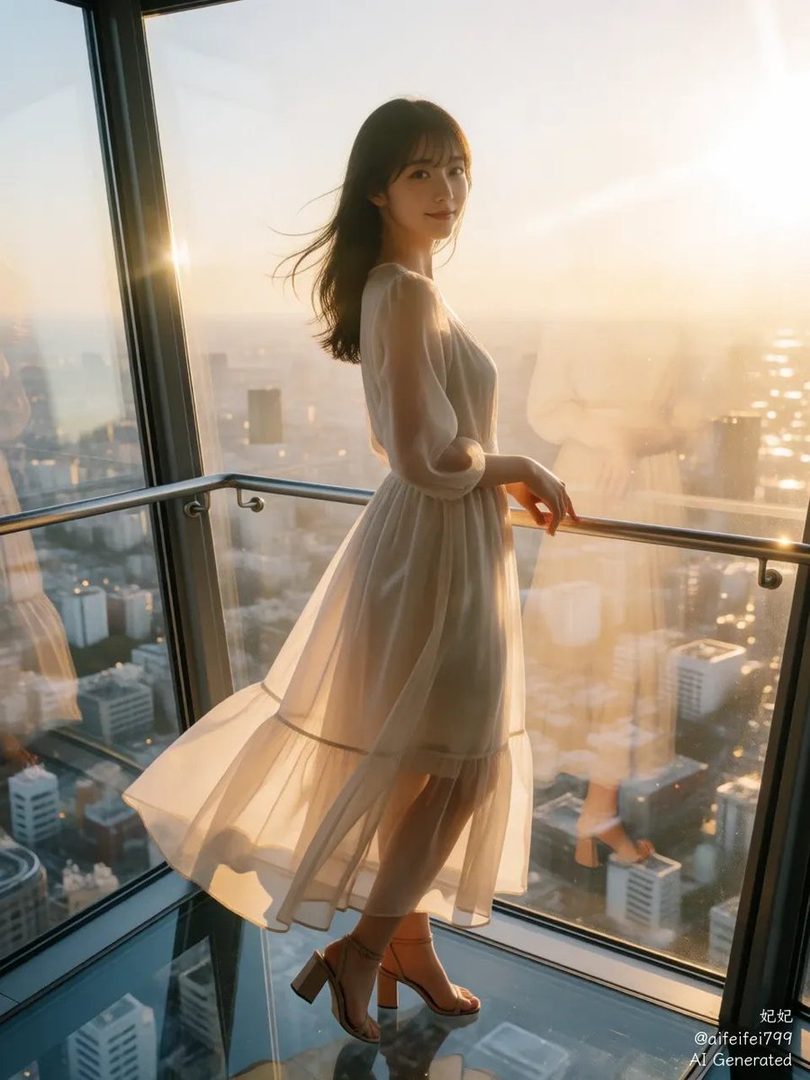 A young woman in a flowing white dress stands in a glass observation deck overlooking a city at golden hour.