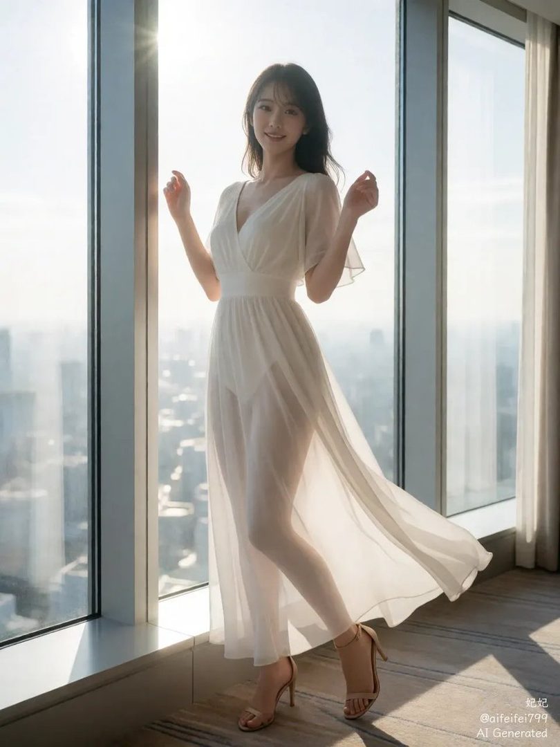 A young woman in a sheer white dress stands by a large window, with city buildings visible in the background.