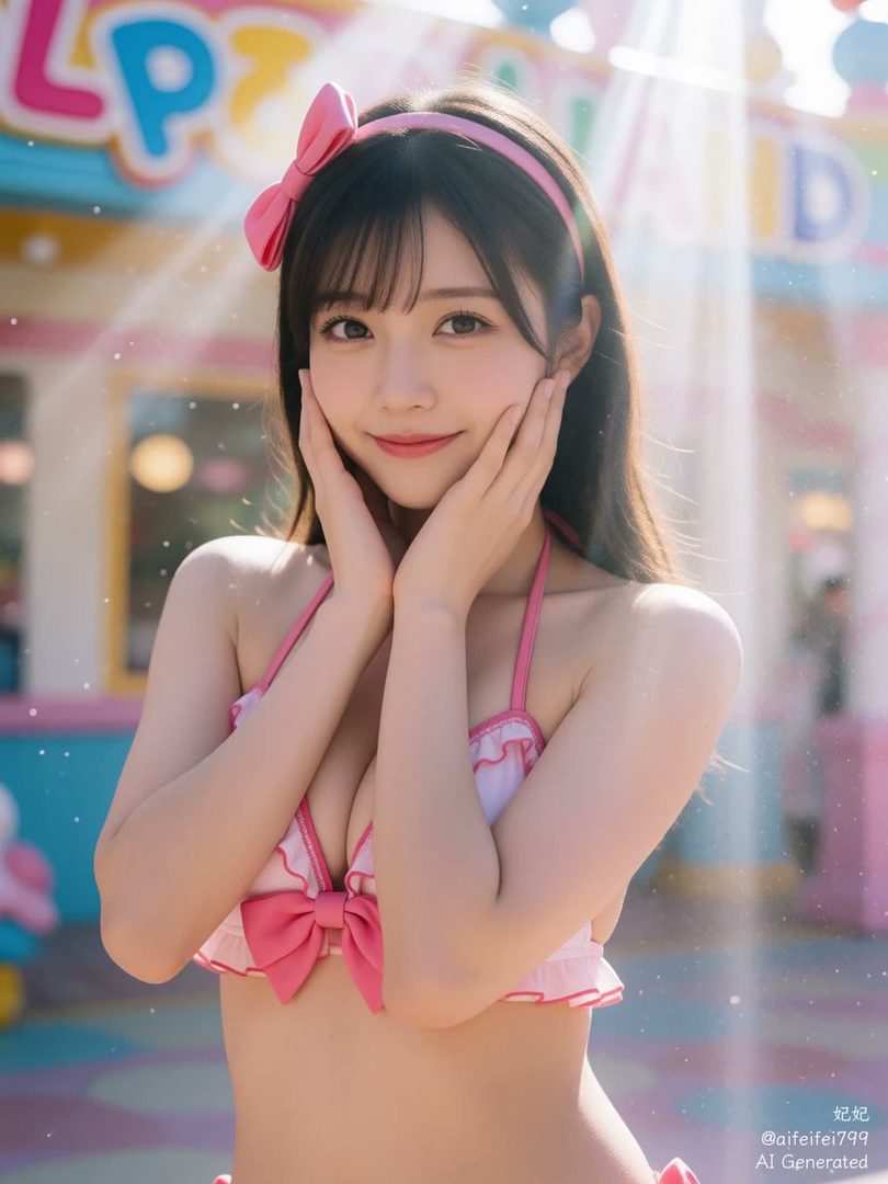 A young woman with long black hair and bangs, wearing a pink bikini with a bow, poses with her hands on her cheeks outdoors.