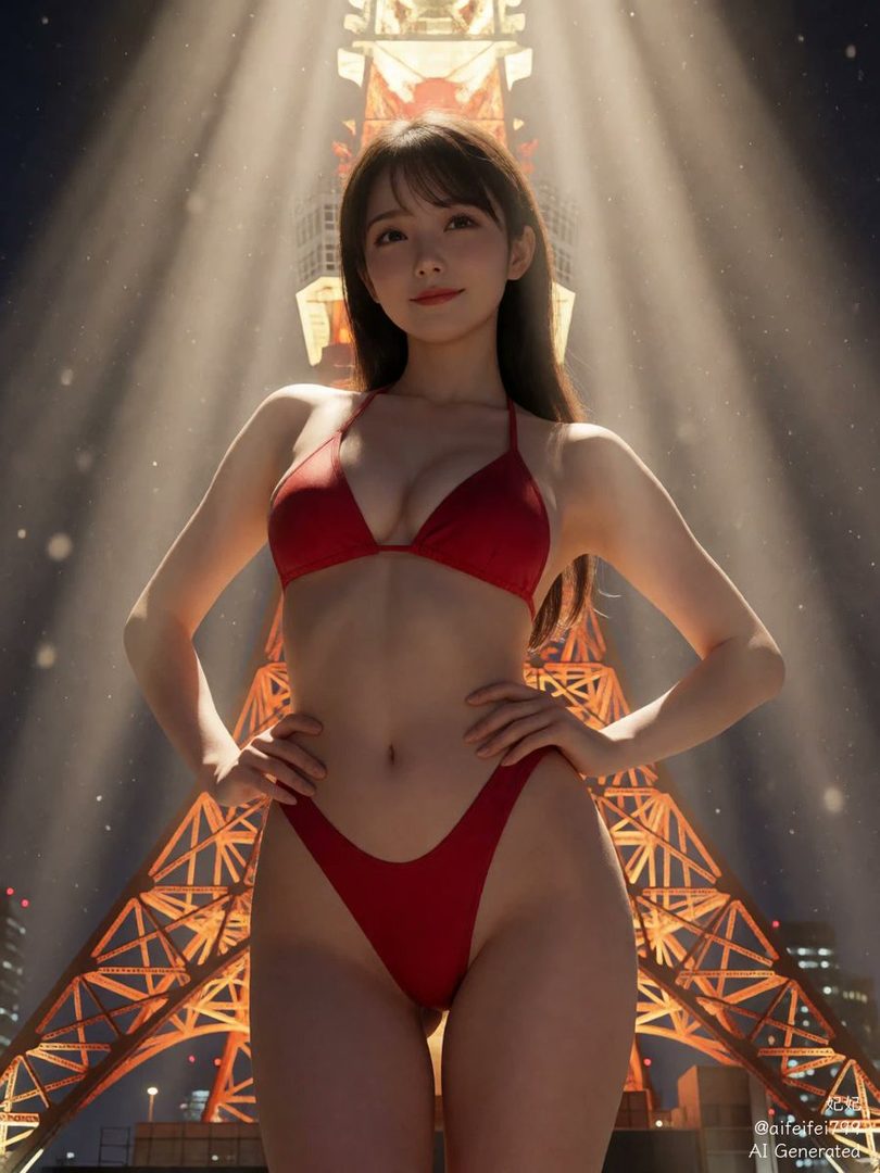 A young woman in a red bikini poses in front of a brightly lit tower at night.