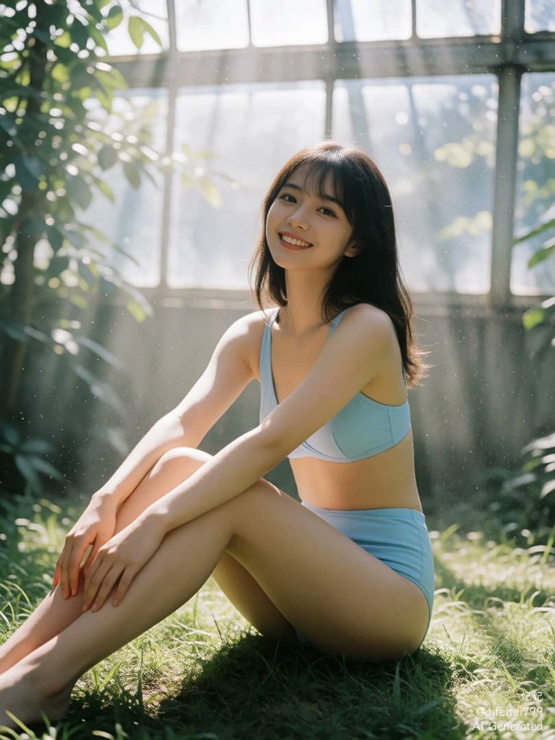 A young woman in a light blue bikini sits in a grassy garden, bathed in sunlight filtering through a greenhouse.