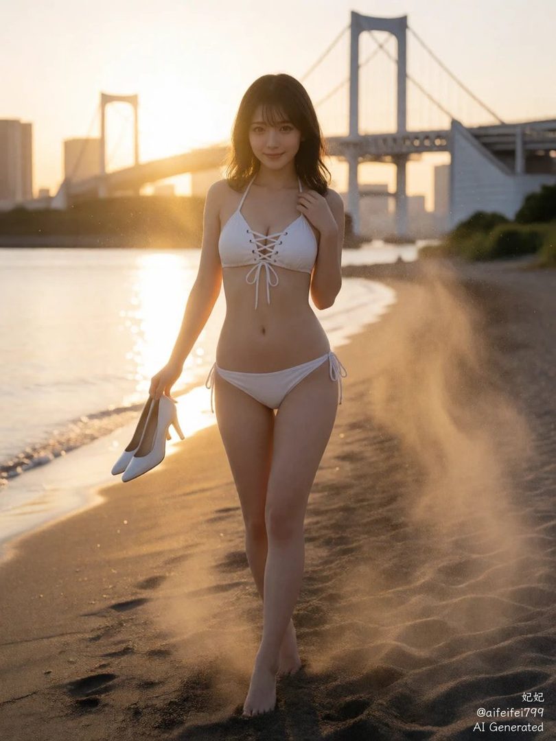 A young woman in a white bikini walks along a sandy beach at sunset, holding white high heels.
