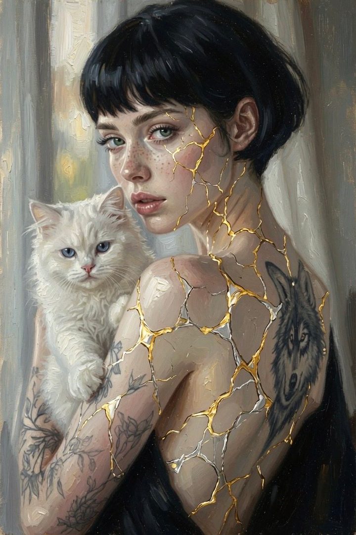 A photorealistic portrait of a young woman with short black hair, holding a white cat. Her skin is adorned with golden kintsugi-like cracks, and she has tattoos on her arms and back.