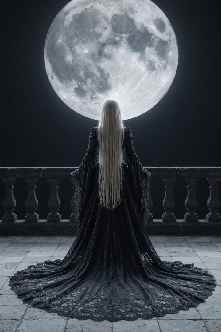 A woman with very long platinum blonde hair stands with her back to the camera, wearing an elegant black gothic dress, looking at a giant full moon.