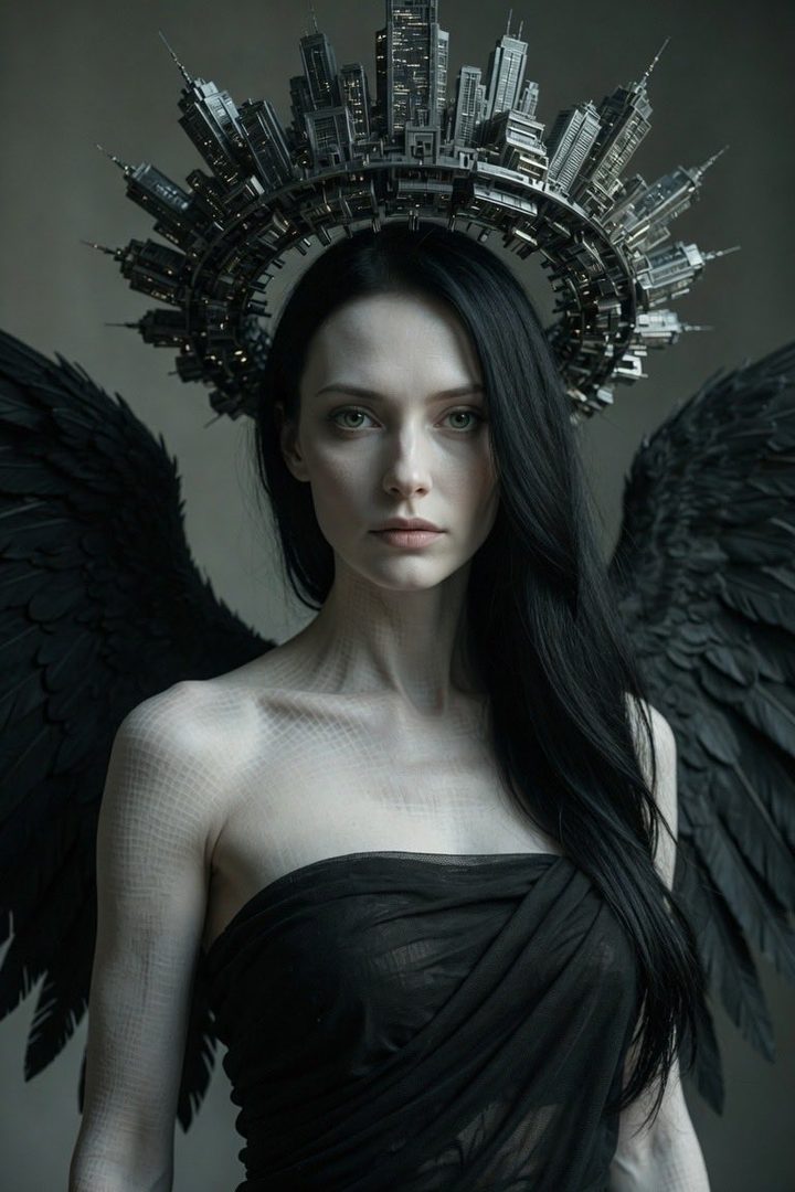 Ethereal pale woman with black hair, black angel wings, and a futuristic city halo, dressed in a black strapless gown.
