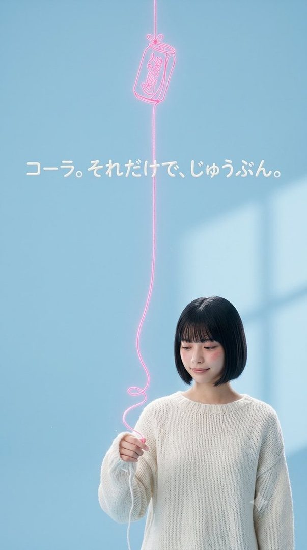 A young East Asian woman with short black hair and bangs, wearing a cream-colored knit sweater, looks down with a gentle smile. A neon pink outline of a Coca-Cola can hangs above her, connected by a string.