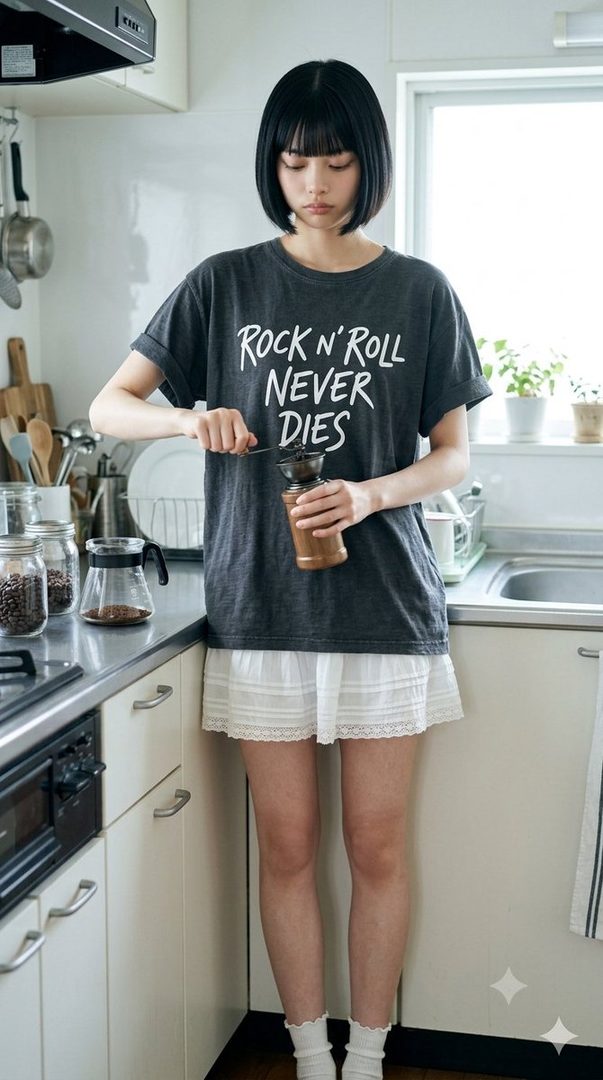 A young woman with a bob haircut and bangs, wearing a dark t-shirt with 'Rock N' Roll Never Dies' printed on it and a white lace skirt, is grinding coffee beans in a kitchen.