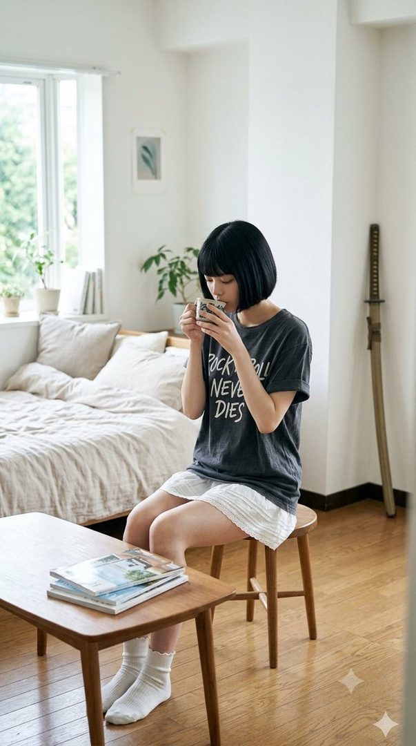 A young woman with short black hair sits indoors, drinking from a mug, wearing a t-shirt and shorts.