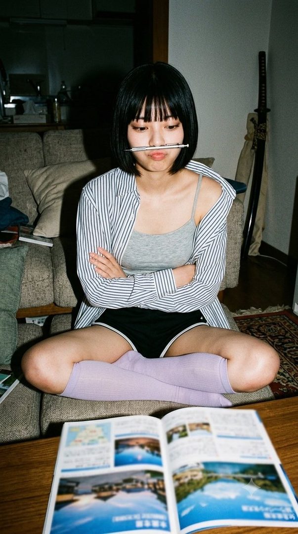 A young woman with short black hair sits cross-legged indoors, holding a pen horizontally between her lips, wearing a striped shirt over a grey tank top and black shorts with purple knee-high socks.