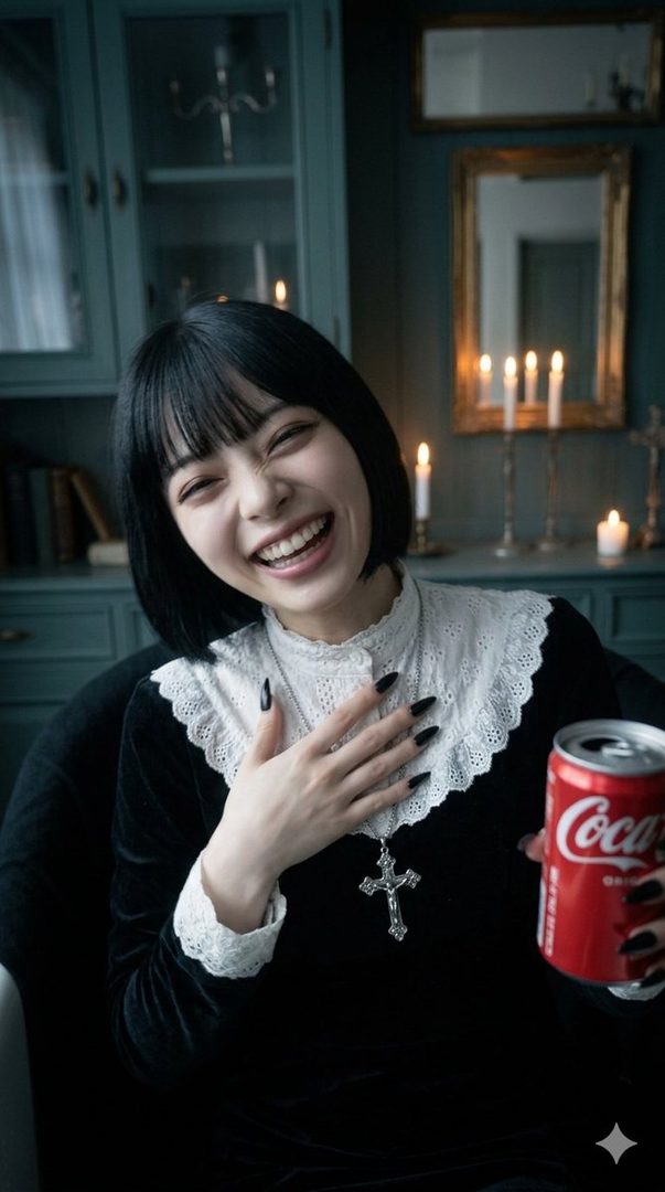 A young woman with short black hair and bangs, wearing a black dress with a white lace collar and a large silver cross necklace, laughs heartily while holding a can of Coca-Cola. She has black nail polish and her hand is on her chest. The background is a dimly lit room with candles and antique furniture.