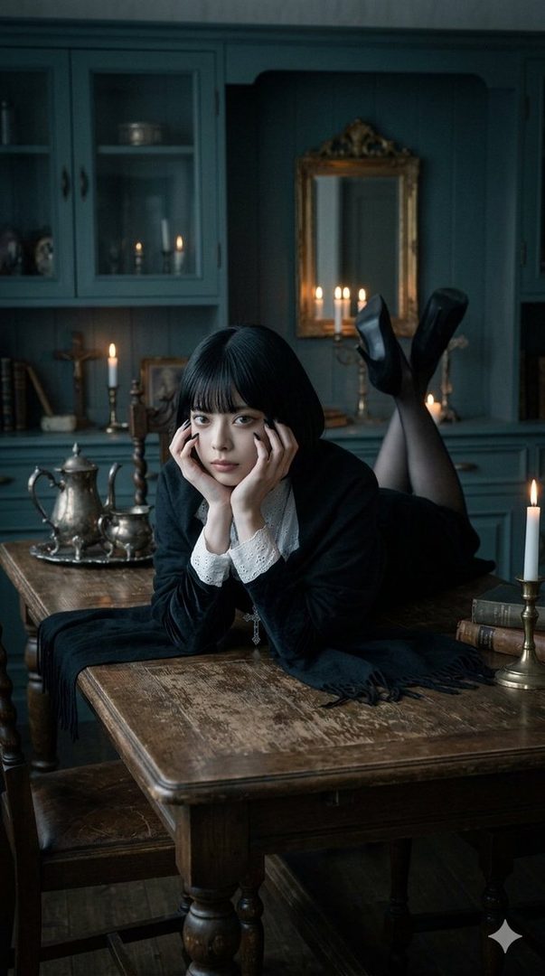A young woman with short black hair and bangs, wearing a black jacket over a white collared shirt, poses elegantly on a wooden table in a dimly lit room with antique decor and candles.