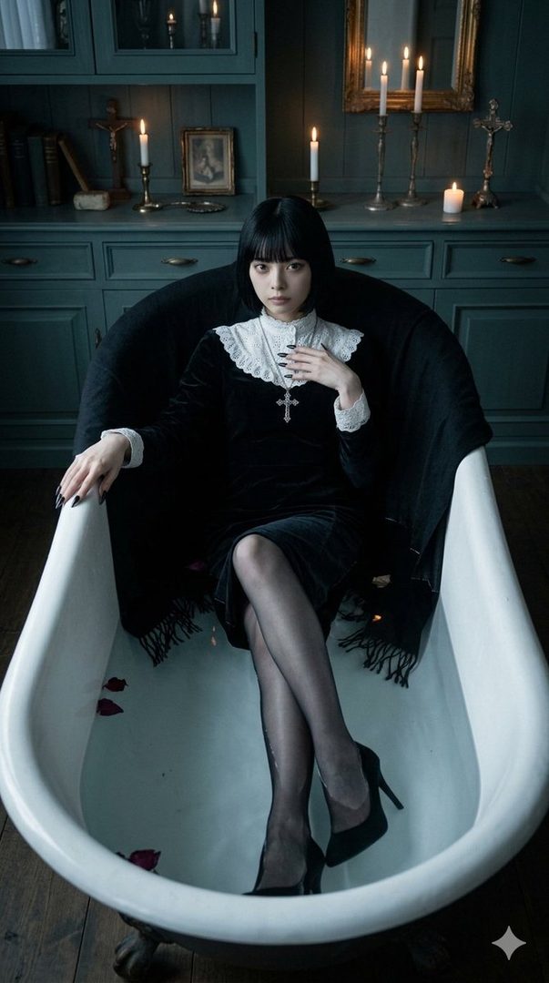 A woman with short black hair and bangs, wearing a black dress with a white lace collar and a cross necklace, sits in a bathtub filled with water and rose petals.