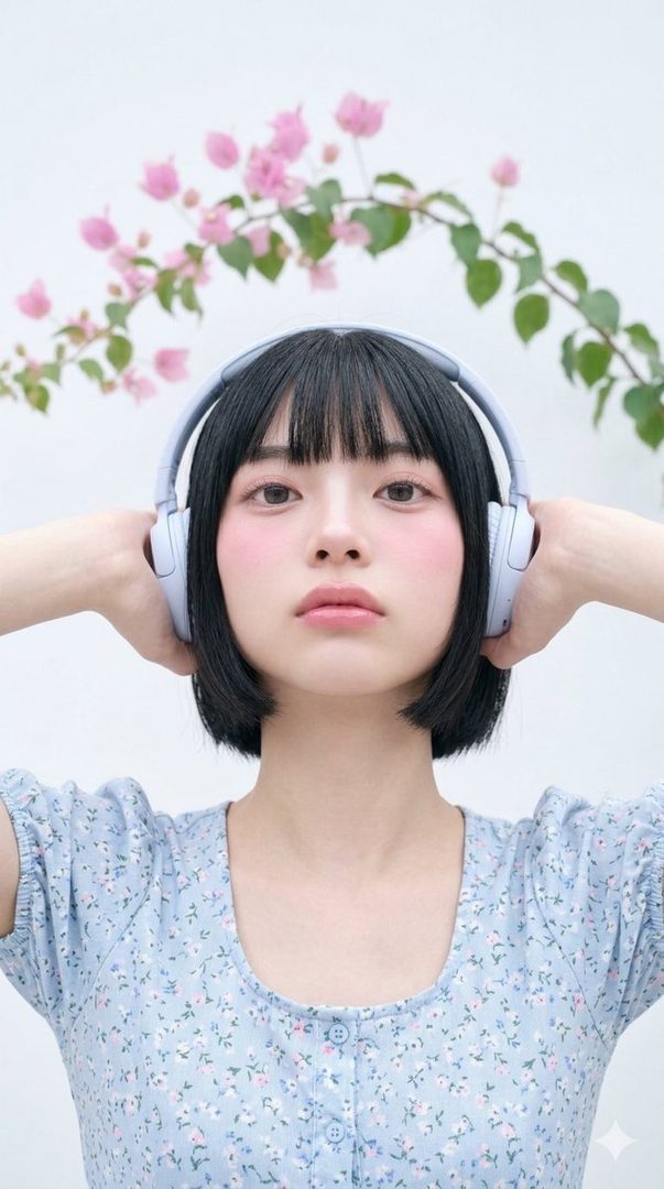 A young woman with short black hair and bangs, wearing headphones and a light blue floral dress, poses for a portrait with pink flowers in the background.
