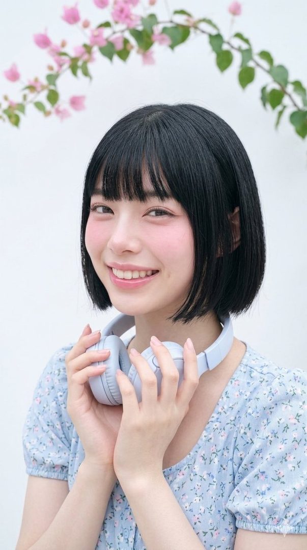 A young East Asian woman with short black hair and bangs, wearing a light blue floral dress, holds a pair of light blue headphones. She has a bright, cheerful smile and rosy cheeks, with pink flowers and green leaves in the background.
