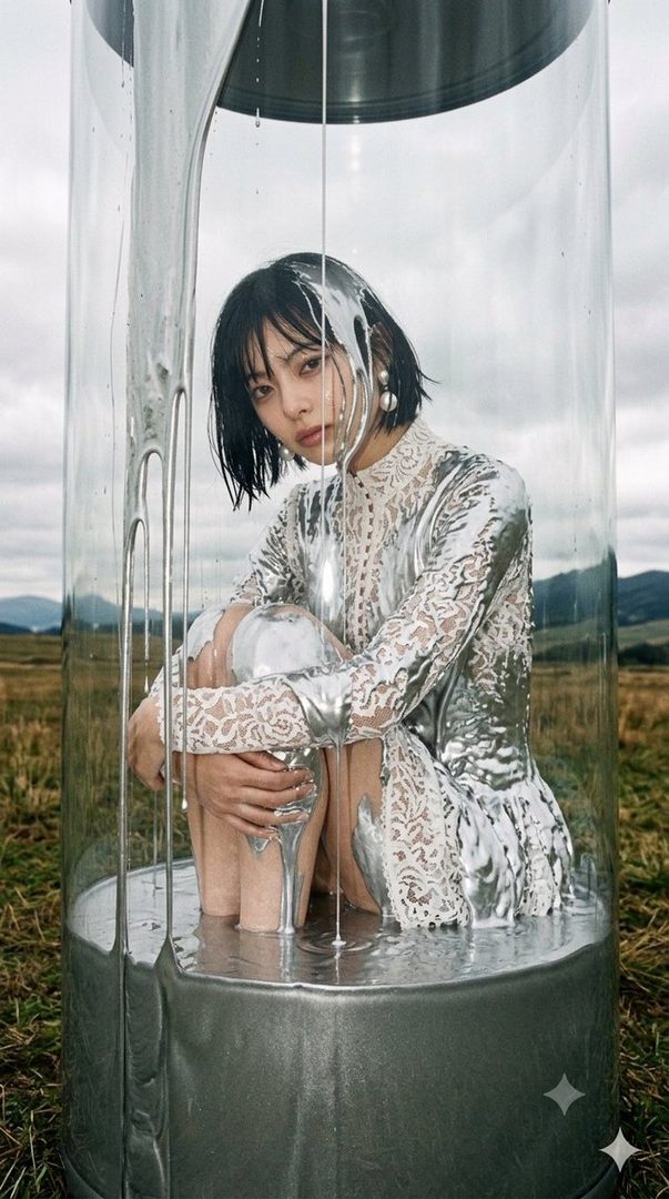 A young woman with short black hair, wearing a silver lace dress, sits inside a clear cylindrical container filled with liquid silver, in an outdoor setting.