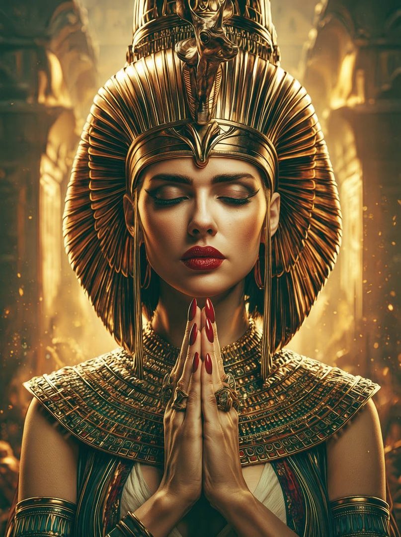 A photorealistic portrait of a woman dressed as an ancient Egyptian queen, wearing a golden headdress and ornate jewelry, with her hands clasped in prayer.