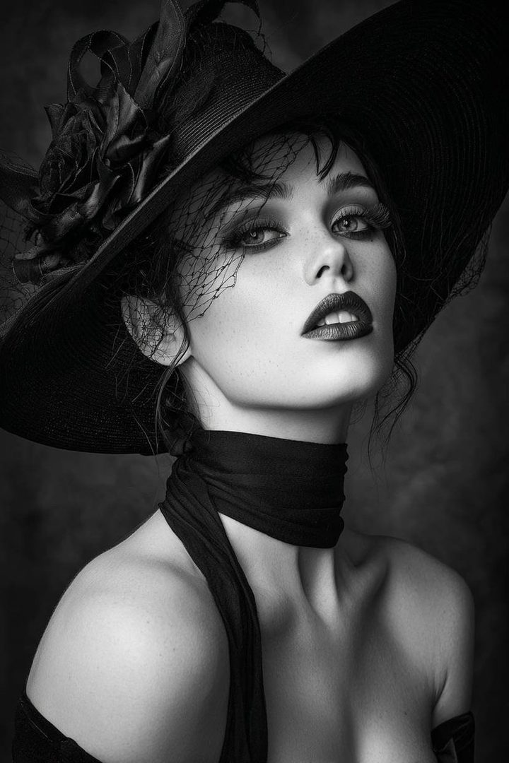 Black and white studio portrait of a woman wearing a wide-brimmed hat with a veil and a black scarf around her neck.