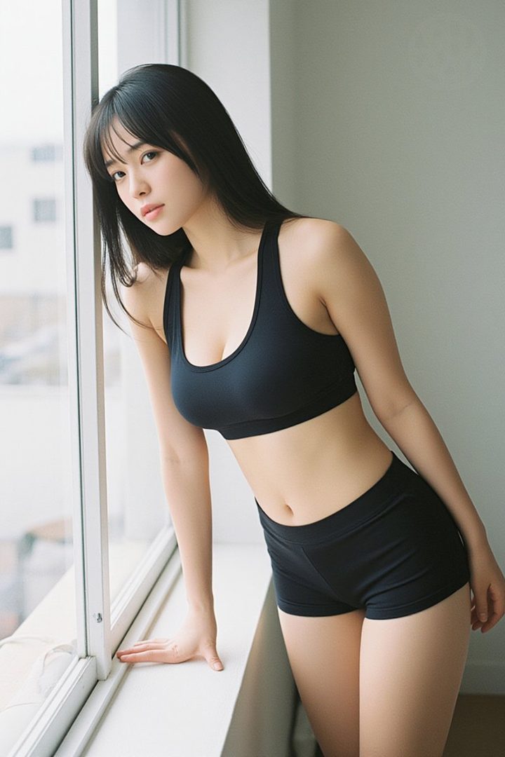 A young East Asian woman with long black hair, wearing a black sports bra and shorts, leans against a window frame indoors.