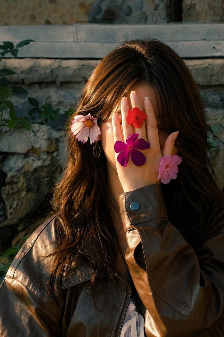 A young woman with long brown hair covers her face with her hand adorned with colorful flowers, wearing a vintage leather jacket outdoors during golden hour.