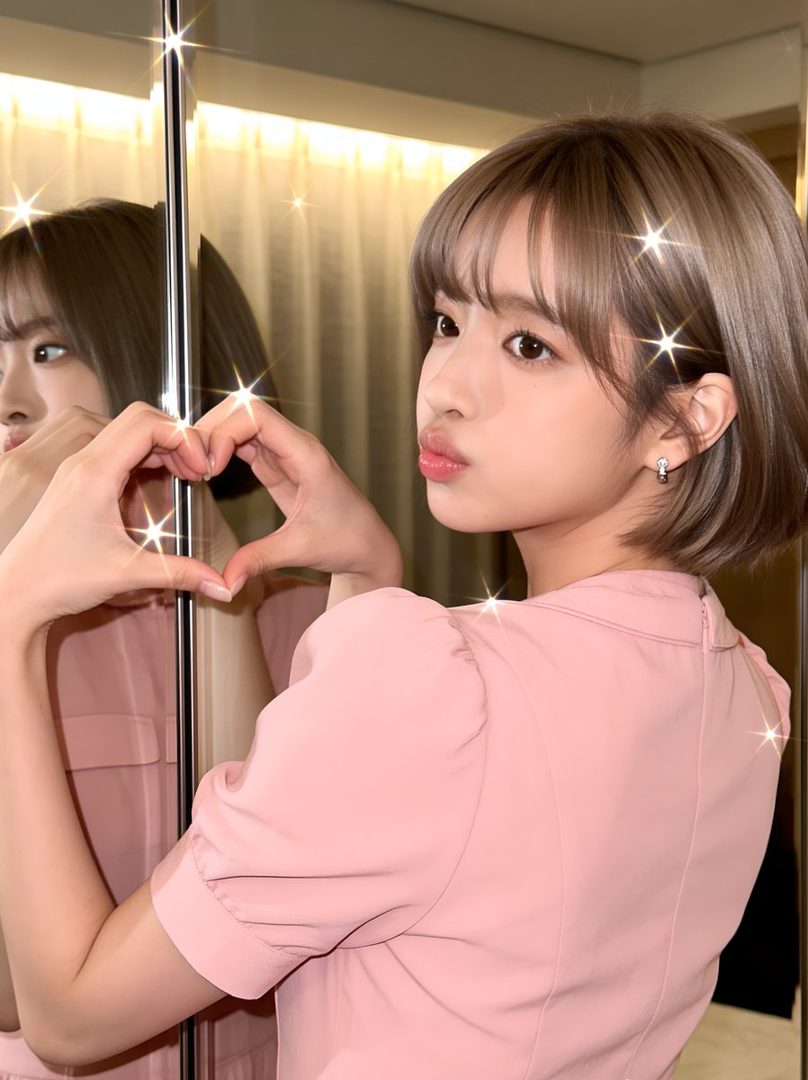 A young East Asian woman with short brown hair makes a heart shape with her hands in front of a mirror, wearing a pink dress.
