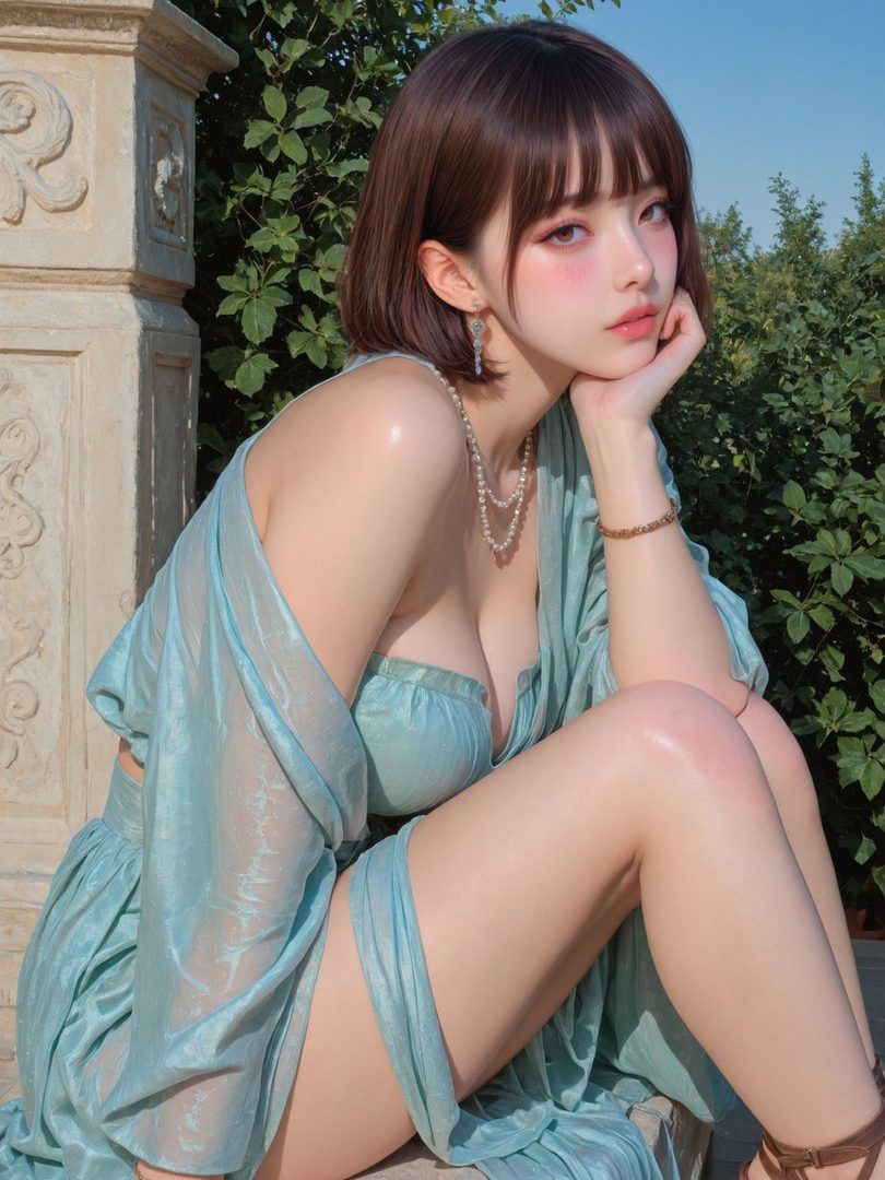 A beautiful AI-generated woman with short brown hair and bangs, wearing a light blue dress and pearl necklace, posing outdoors.