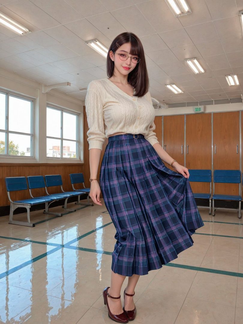 A young woman with brown hair and glasses, wearing a cream cable-knit cardigan and a purple plaid pleated skirt, stands in a classroom-like setting.