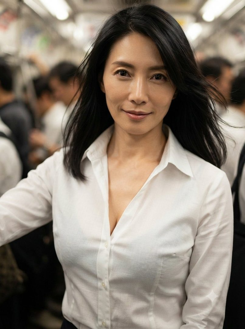 A beautiful East Asian woman with long black hair smiles coyly while wearing a white button-up shirt, on a crowded train.