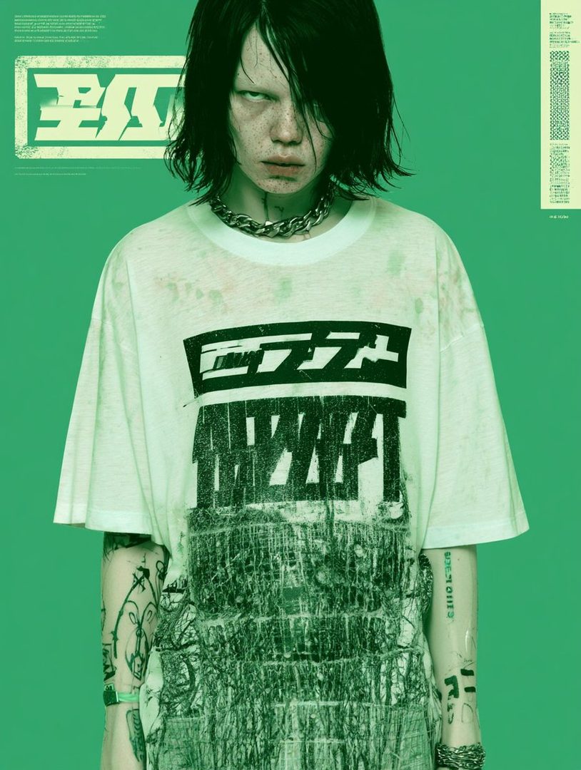 A person with short black hair and a white t-shirt with graphic print, wearing a silver chain necklace, poses against a green background.