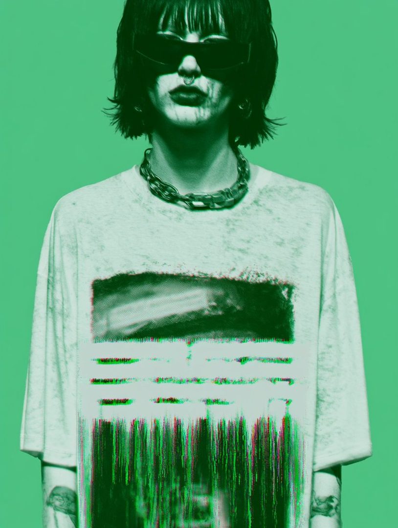 A person with short black hair, sunglasses, and a nose ring, wearing a t-shirt with a glitch art design, posing against a green background.