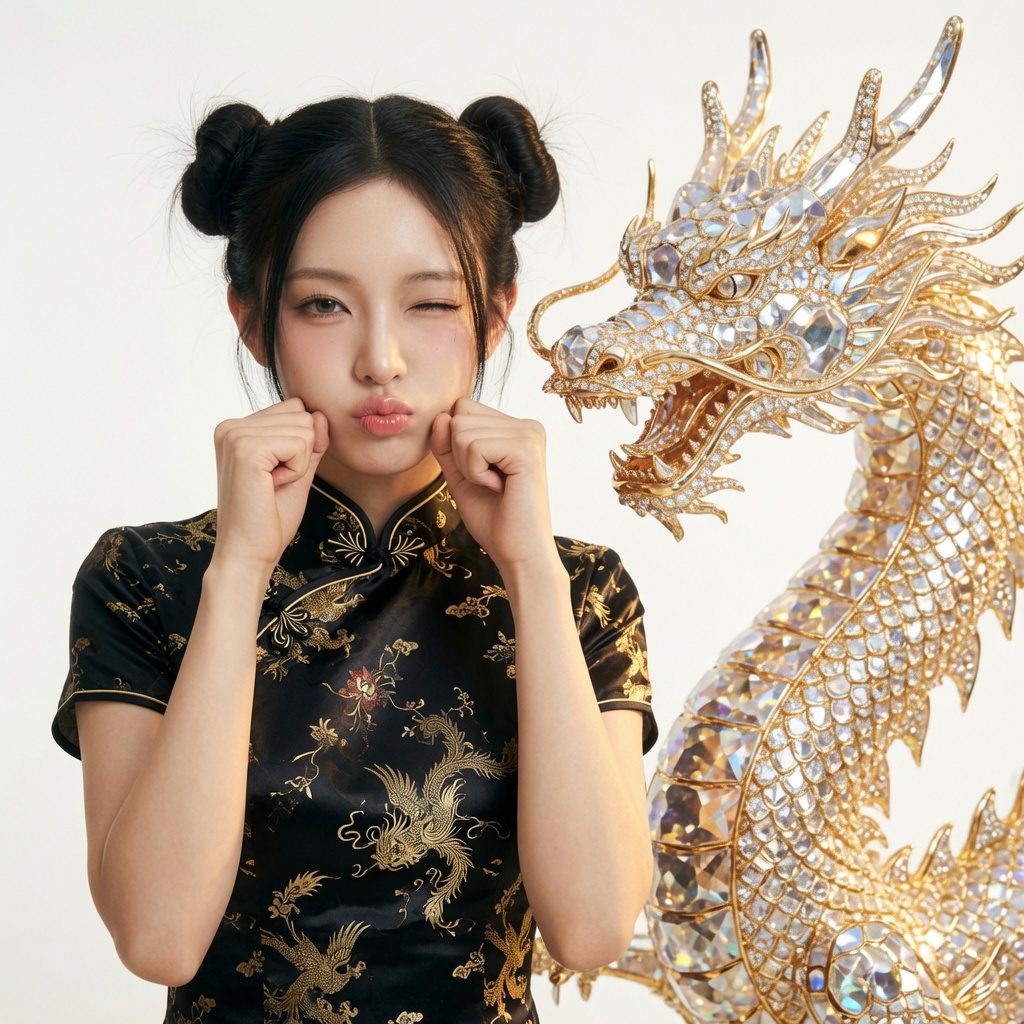 A young East Asian woman with black hair in twin buns, wearing a black qipao with gold dragon embroidery, playfully pouts with her hands on her cheeks next to a jeweled dragon statue.